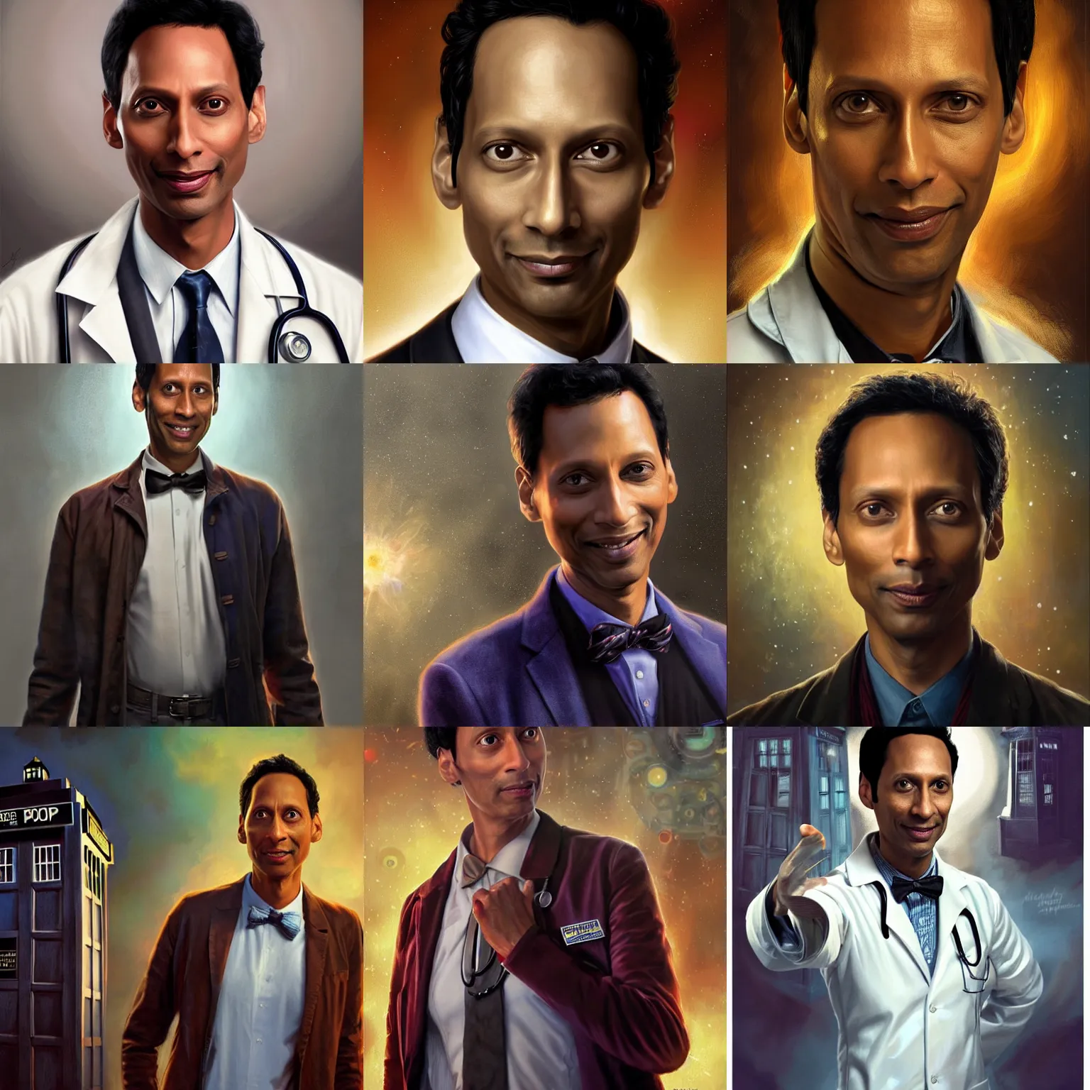 Prompt: danny pudi as the doctor from doctor who. digital painting, detailed, 8 k, trending on artstation, smooth, sharp focus artwork by mark arian, artgerm, mark keathley, greg rutkowski