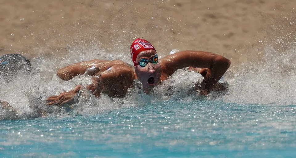 Image similar to olympic swimming in sand instead of water, extremely coherent, motion blur