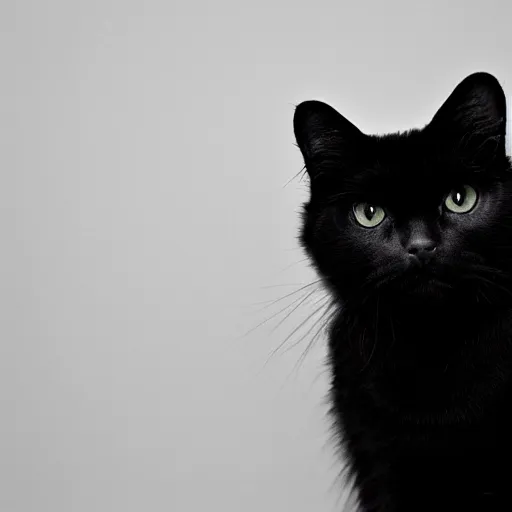 Image similar to national geographic photograph of a black longhair cat sitting in a white room
