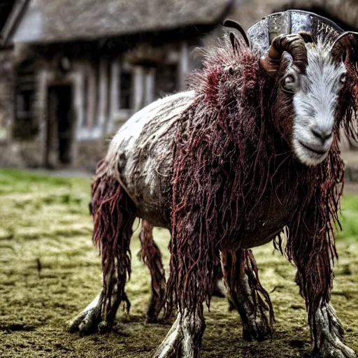 Image similar to horror, moody, still from film, daytime, muddy village square, wide shot, screeching mutant goat monster, powerful and huge, creeping on legs with hands, mouth crammed full of filthy jagged teeth, matted brown fur, in muddy medieval village square