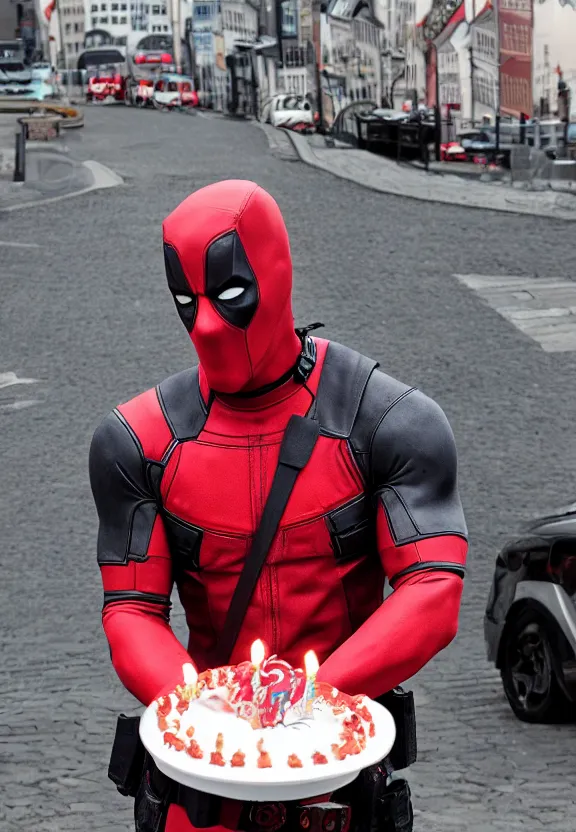 Prompt: still film, deadpool holding a birthday cake with a candle in the middle, on a street in bergen norway, with a harbour in the background, high resolution,