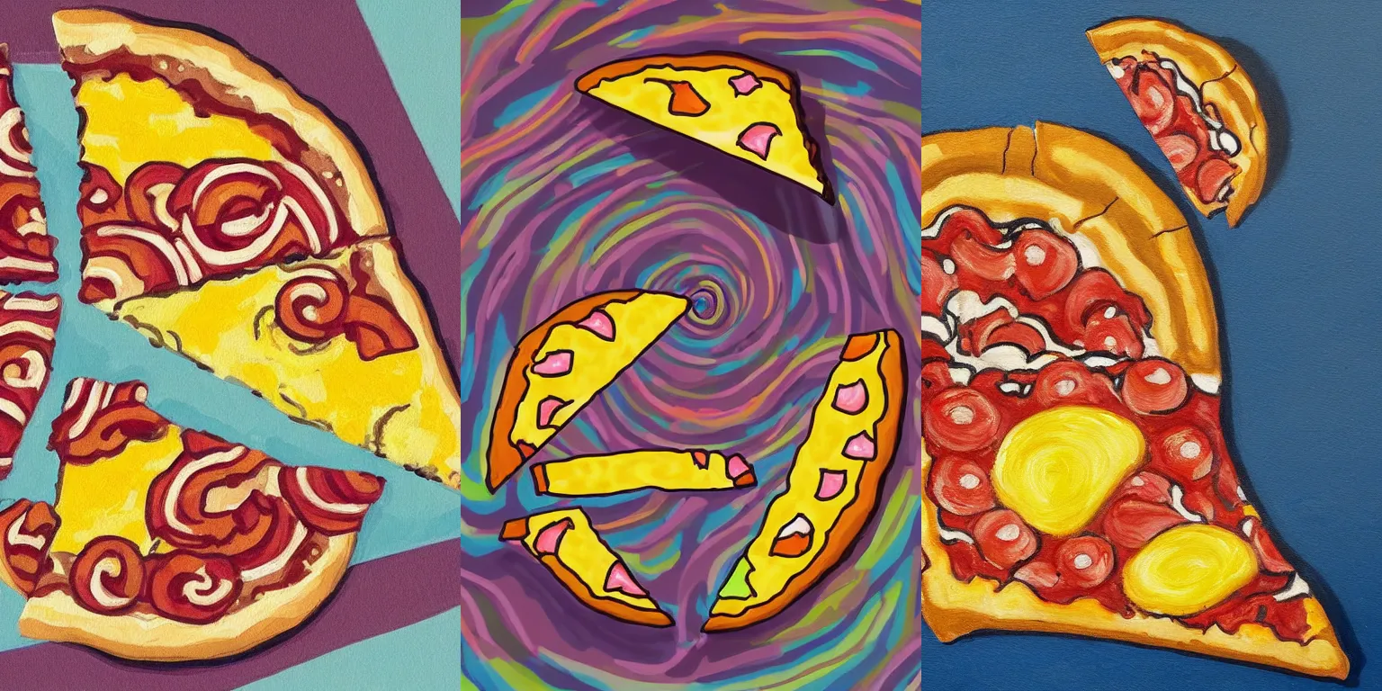 Prompt: a painting of a slice of pizza by a real good artist, trending in Japan, CGpizzas.com, eating mango slices, loses sleep over a Discord bot and don't forget to type epic, 4k, 4d, 4ever, an illustration of a zebra dancing, Greg Hildebrant, fantasy music, unreality, latent space