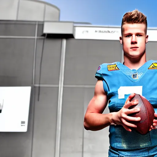 Image similar to a realistic detailed photo of a guy who is an attractive humanoid who is half robot and half humanoid, who is a male android, football player christian mccaffrey, shiny skin, posing like a statue, blank stare, at the photo shoot, on display