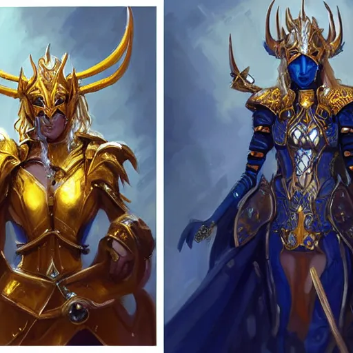 Image similar to painting of a woman in elaborate blue and gold armor with spiked horns on her helmet, painting by Charlie Bowater and WLOP