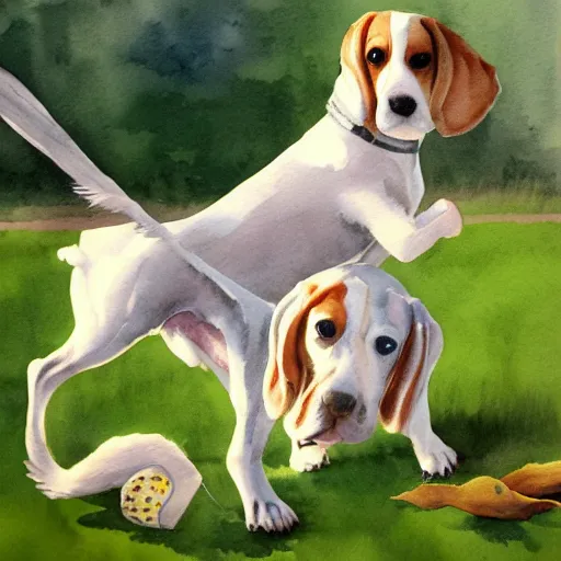 Image similar to water color painting of a white and caramel beagle dog playing with dragonfly in a backyard, harsh lighting, detailed, trending on artstation, dull pastel colors, bright, god rays, dreamy, trending on artstation