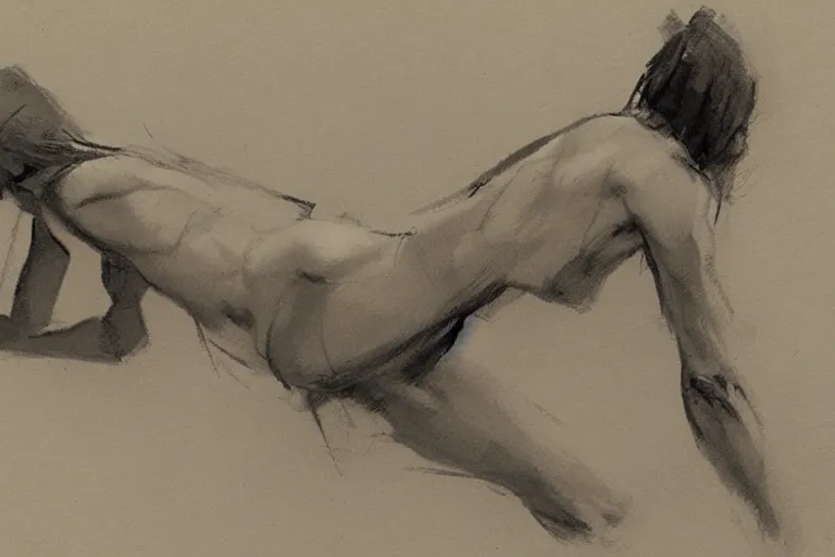 Prompt: sketch on paper of a model posing, anatomy study by jeremy mann and greg rutkowski