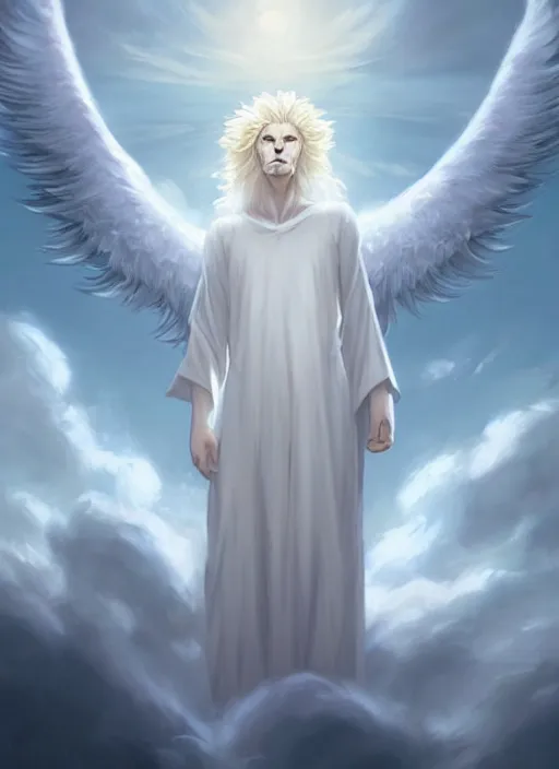 Prompt: religious portrait artwork of an albino male furry anthro lion with giant feathery glowing angel wings flying in the heavenly cloudy sky wearing a silky white cloak blowing in the wind, hazy and Atmospheric . Character design by charlie bowater, ross tran, artgerm, and makoto shinkai, detailed, inked, western comic book art, 2021 award winning film poster painting