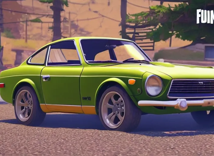 Image similar to a cartoon 1 9 7 0 datsun 2 4 0 z in fortnite, unreal engine