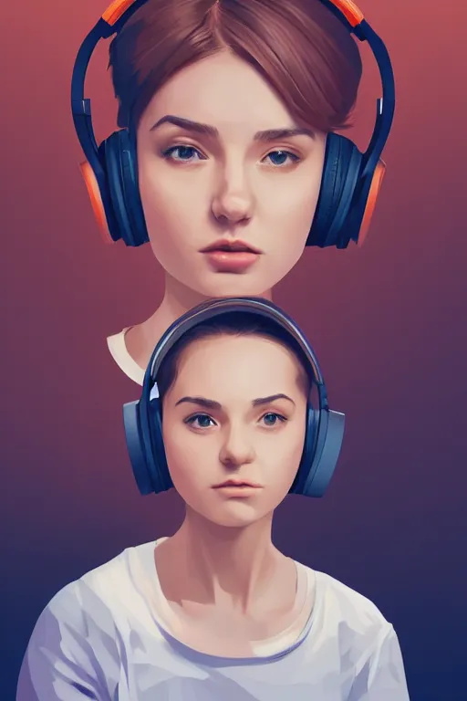 Prompt: portrait georgian girl looking to the right, wearing beats headphones. short brown hair, white jumper. lit from the right side, orange light. centered median photoshop filter cutout vector behance hd artgerm jesper ejsing!