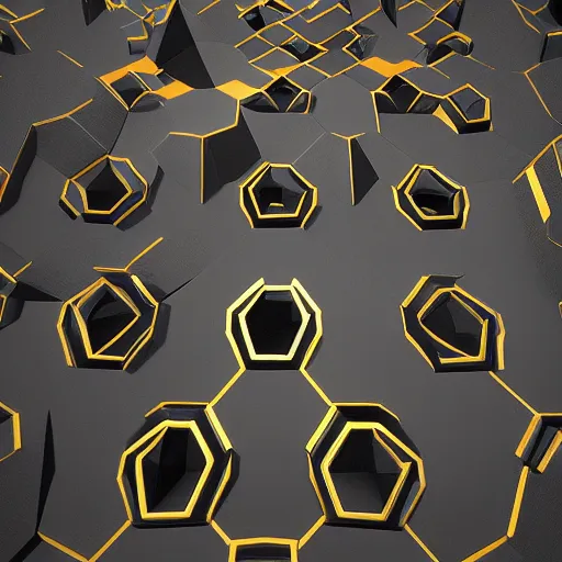 Image similar to minimalistic procedural chaotic pattern of 3 d hexadonal scifi architecture, reflective black and gold, inspired by deus ex human revolution, render in octane