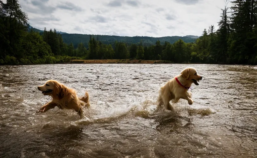 Prompt: photo of a golden retriever panning for gold in a river