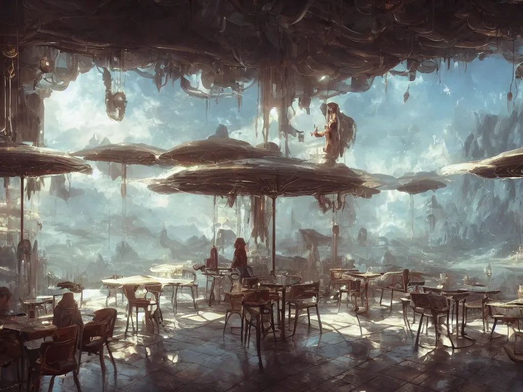 Image similar to cafe made of clouds, fantasy, artwork, aesthetic, calming, hd, hdr, ue5, ue6, unreal engine 5, cinematic, 4k wallpaper, 8k ultra, by Greg Rutkowski and Jesper Ejsing and Raymond Swanland and alena aenami, featured on artstation, wide angle