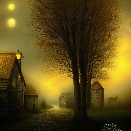 Prompt: unnatural fog settling over a quiet little village, high resolution, highly detailed, dark fantasy, night, by anne stokes, digital art