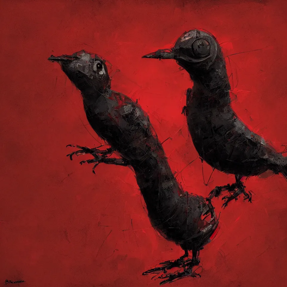 Image similar to robotic bird, digital painting, digital art, beautiful, cinematic, 4 k, ultra hd, art by ben templesmith, dynamic lighting, black and red color scheme