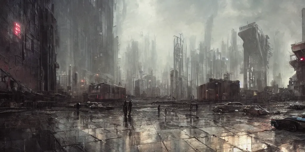 Image similar to post - apocalyptic city, brutalist architecture, after the rain, ominous evening, matte painting by greg rutkowski and craig mullins