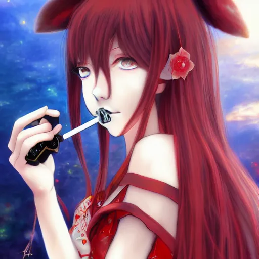 Image similar to red-eyed beautiful shoggoth anime girl smoking a cigarette deviantart by amano yoshitaka hyperreality hd detailed