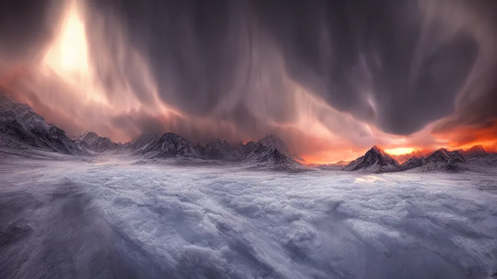 Prompt: amazing landscape photo of a nuclear winter by marc adamus, beautiful dramatic lighting