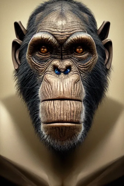 Prompt: portrait of a robot resembling a old chimpanzee, intricate wrinkles, dystopian toy, sci-fi, extremely detailed, biopunk, human hands, digital painting, sculpted in zbrush, artstation, concept art, smooth, sharp focus, illustration, chiaroscuro lighting, golden ratio, incredible art by Stanley Artgerm Lau and Greg Rutkowski, composition by Alphonse Mucha and Simon Stalenhag