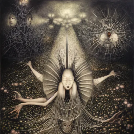 Image similar to descending into madness by itsuko azuma, kinuko y. craft, julie heffernan, remedios varo, graphite, dreamy, mysterious and illusory