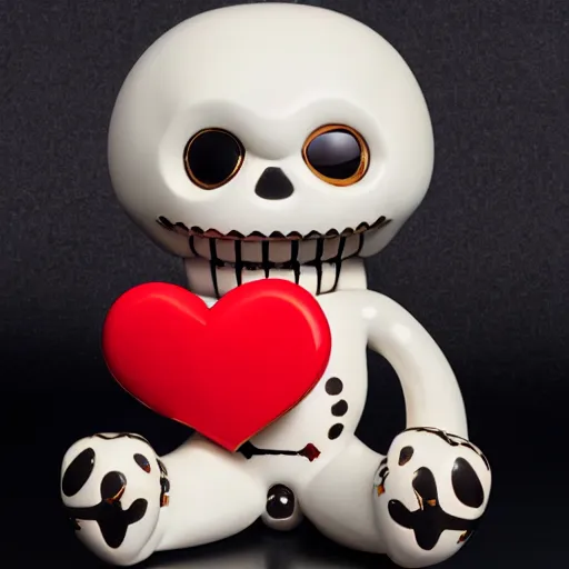 Image similar to A smiling off-white colored cheburashka skeleton porcelain figurine with a broken red heart hidden under the bones, 4k, shiny, high definition, detailed product shot, kaws