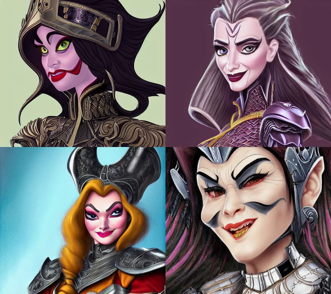 Prompt: detailed Portrait of female Disney villain wearing armor, hyper-detailed, disney pixar style