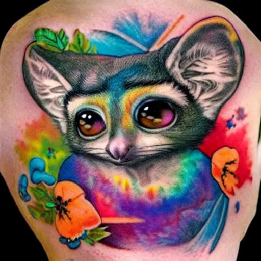 Prompt: shoulder tattoo of a multicolored trippy furry cute bushbaby with rainbow colored spiral eyes, surrounded with colorful shrooms and flowers, marihuana leaves, insanely integrate