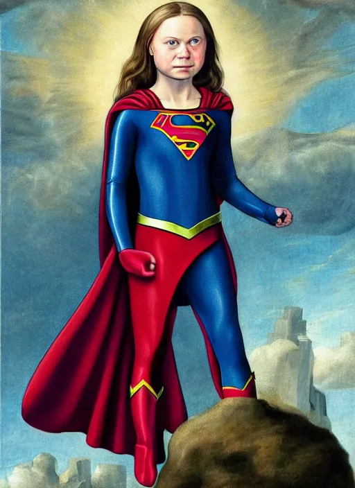 Image similar to greta thunberg as supergirl painted by hieronymus bosch, detailed digital art, trending on Artstation