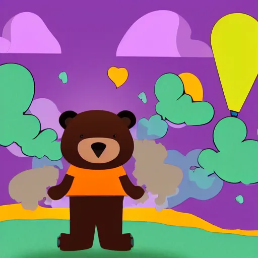 Image similar to cartoon bear wearing clothes being launched out of a futuristic machine into a purple and orange cloud land