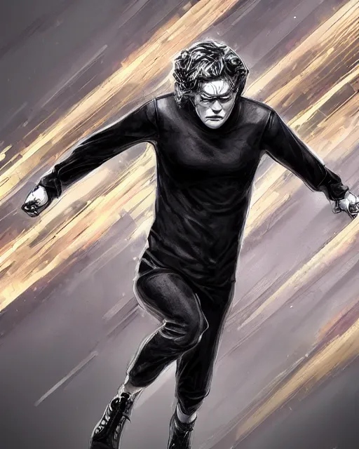 Image similar to evan peters, as quicksilver, racing at hyper speed thru the streets of nyc, trending on artstation, x - men