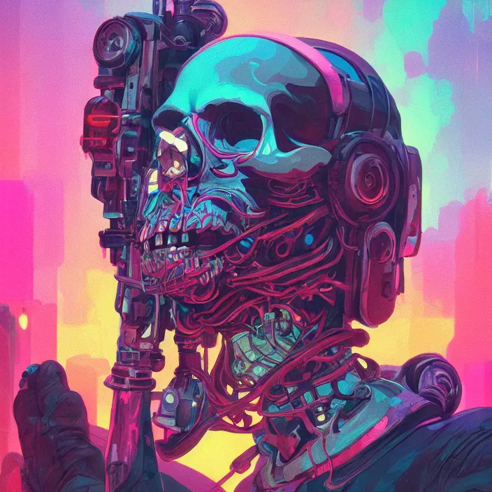 Prompt: a beautiful painting of a cyberpunk skull by simon stalenhag and pascal blanche and sachin teng and alphonse mucha. in style of digital art. colorful comic, film noir, symmetry, hyper detailed. octane render. trending on artstation