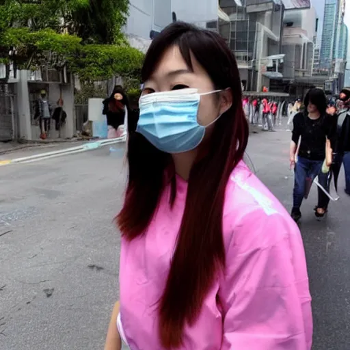 Image similar to taiwanese young woman wears pink medical mask, in the streets