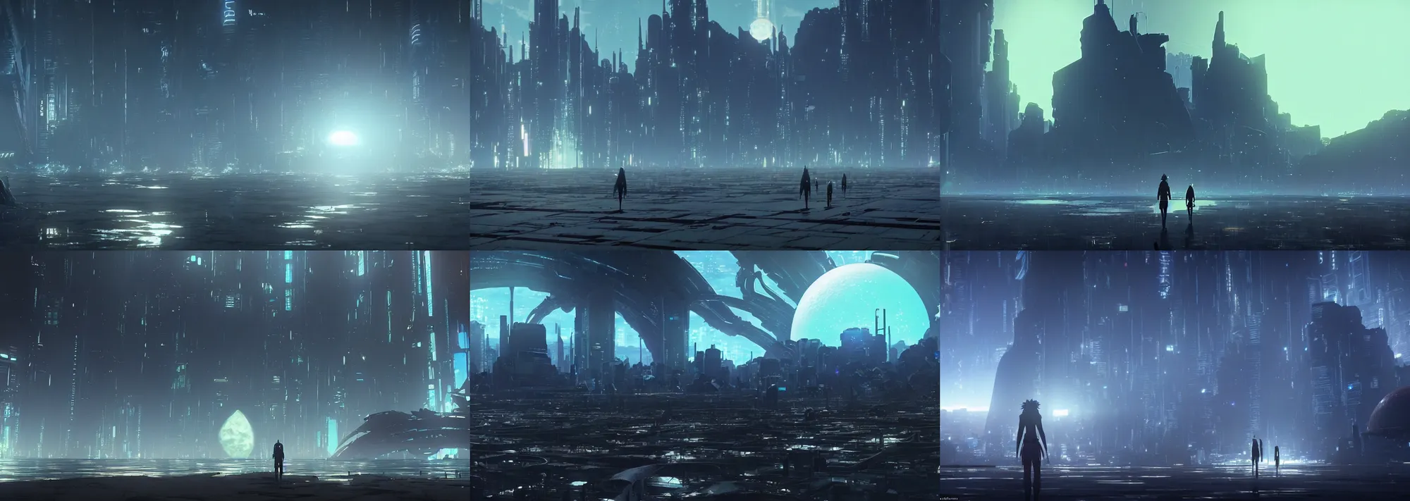 Prompt: a black desert on an ethereal alien world with ruins from the ghost in the shell anime film; an atmospheric image from the science fiction anime film; by makoto shinkai and studio ghibli