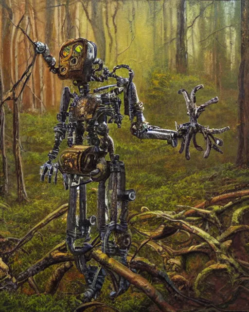 Image similar to detailed oil painting of a decayed, rusty, robot, covered in moss, in a forest, painted by Greg Rukowtski, sunlight