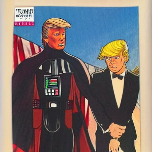 Image similar to a romance novel cover from 1 9 8 3, paperback, drawing, trump and darth vader on the cover, romantic