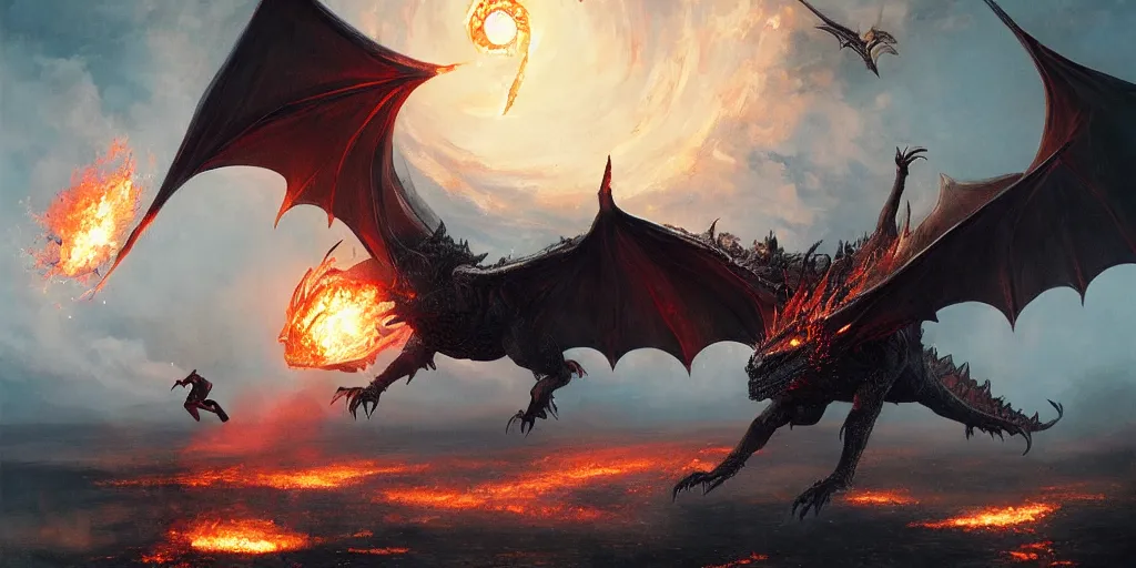 Prompt: Sauron flying in front of the Eye of Souron, a dragon throwing fire, backlighting, oil painting, by Greg Rutkowski