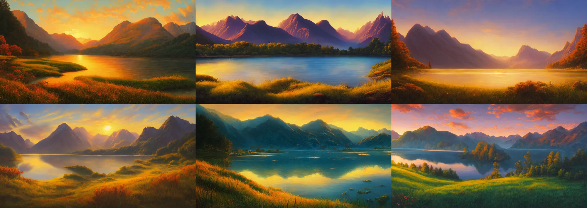 Prompt: painting of a beautiful landscape, first light, sunrise, golden hour, mountains, lake, lush grass, by noah bradley