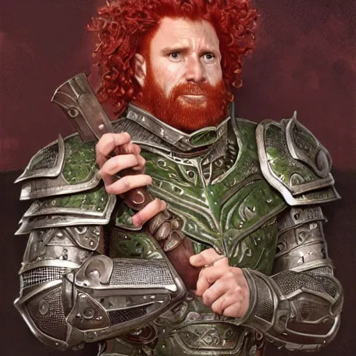 Prompt: red haired dwarf with curly hair and full beard wearing leather armor with green strips, battle axe on his back, ultra realistic, concept art, intricate details, eerie, highly detailed, photorealistic, octane render, 8 k, unreal engine. art by artgerm and greg rutkowski and alphonse mucha