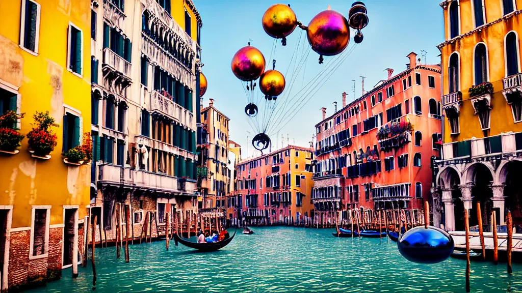 Image similar to large colorful futuristic space age metallic steampunk steam - powered balloons with pipework and electrical wiring around the outside, and people on rope swings underneath, flying high over the beautiful medieval venice city landscape, professional photography, 8 0 mm telephoto lens, realistic, detailed, photorealistic, photojournalism