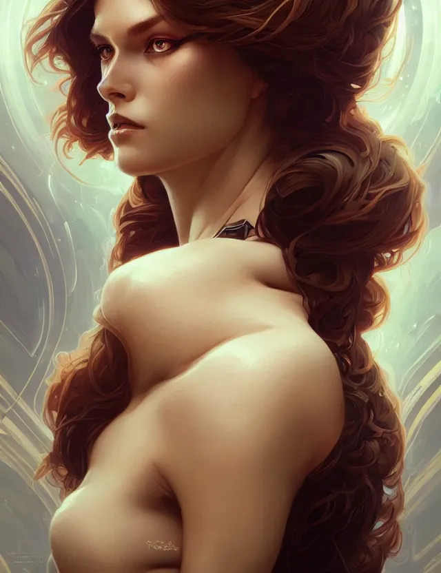 Image similar to futuristic woman portrait, sci-fi, amber eyes, face, long hair, fantasy, intricate, elegant, highly detailed, digital painting, artstation, concept art, smooth, sharp focus, illustration, art by artgerm and greg rutkowski and alphonse mucha