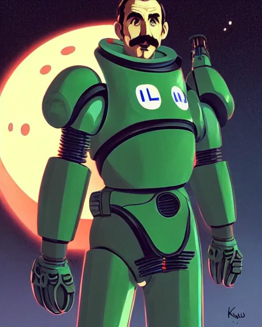 Image similar to luigi in a mech scifi suit with rockets and small lights by ilya kuvshinov, gigachad body by krista sudmalis, fantasy character portrait, futuristic background by laurie greasley, ultra realistic, concept art, intricate details, elegent, digital painting, smooth, sharp focus, illustration, art by artgerm and greg rutkowski and alphonse mucha