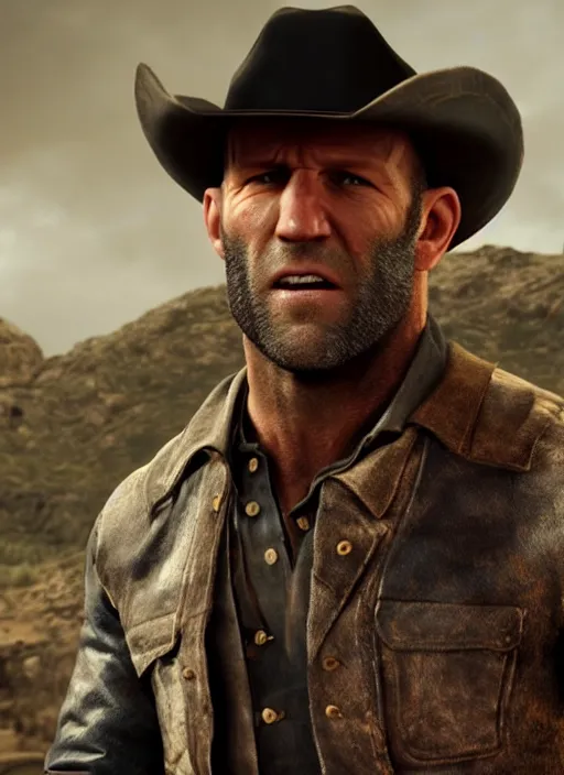 Image similar to an film still of jason statham as cowboy with beard, western background, unreal engine. amazing likeness. very detailed.