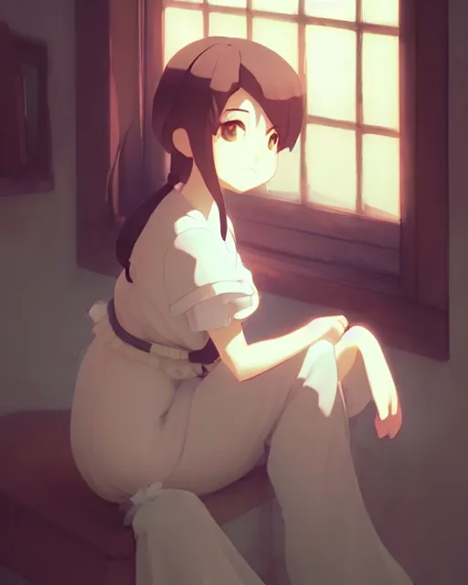 Image similar to a cute stylized thicc ghost, sitting on a windowsill of an old house, dramtic lighting, calming ， by makoto shinkai an krenz cushart