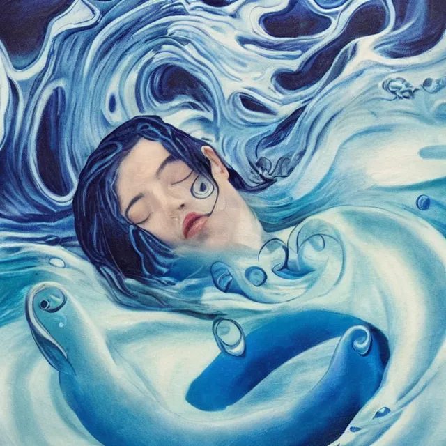 Image similar to a female art student falling asleep, iceberg, dark, sensual, dreamy, waves, swirls, blue drips, fish, blueberries, octopus, neo - impressionist, surrealism