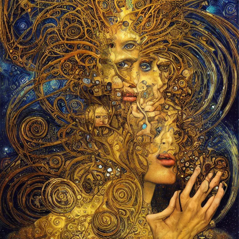 Image similar to Divine Chaos Engine by Karol Bak, Jean Deville, Gustav Klimt, and Vincent Van Gogh, beautiful visionary mystical portrait, sacred, otherworldly, fractal structures, Surreality, ornate gilded medieval icon, third eye, spirals