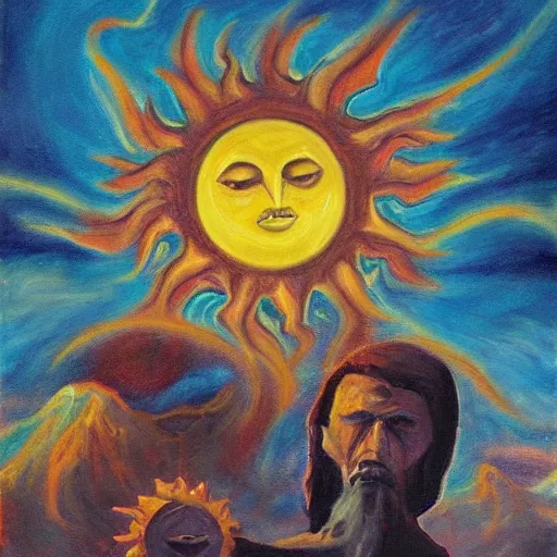 Image similar to the cult of the sun oil painting