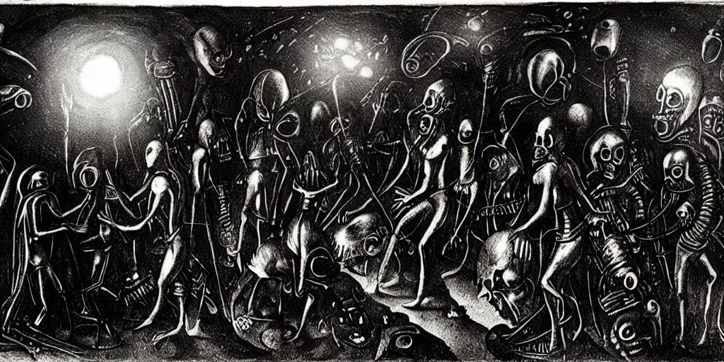 Prompt: aliens in black handing over artifacts to a politician, night scene, inspired by hieronymus bosch, concept art