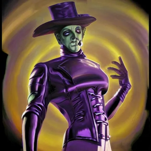 Image similar to steampunk android that emits purple fog, by alex ross