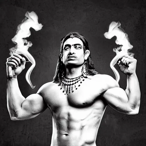 Prompt: lord shiva as a muscular character, smoking inside a dark studio, photography, red smoke coming out of his smoking bowl