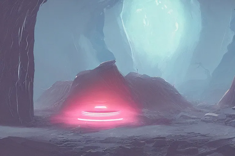 Prompt: a single distant fleshy glowing portal opens up in an otherwise dark and desolate landscape : retro, sci - fi, concept art