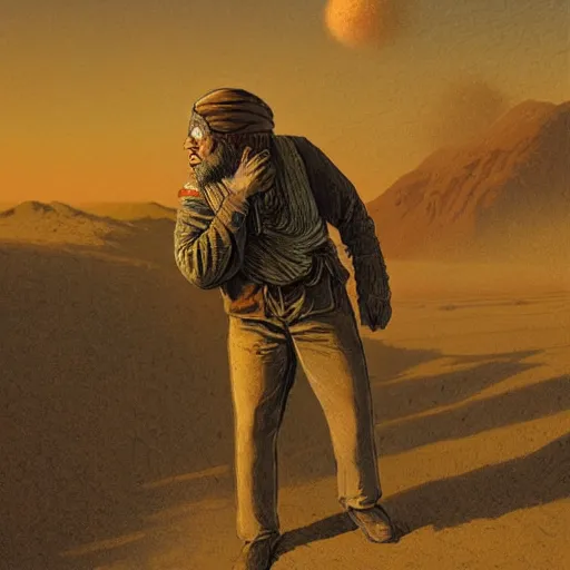 Prompt: 19th century scruffy american trapper, bandana covering face, in a sandstorm, martian landscape, pulp science fiction illustration